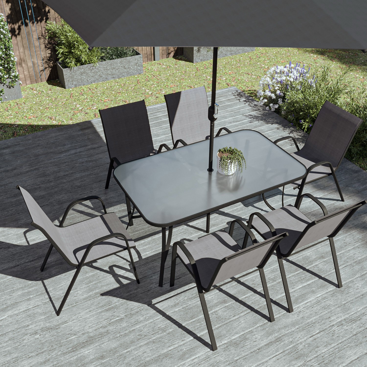 Read more about 6 seater grey metal stackable garden dining set with free parasol and base fortrose